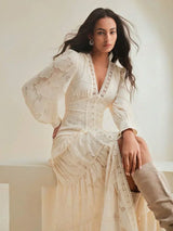 French Style Ruched VNeck Puff Sleeve Elegant Slim Fit Dress Maxi Women Outfit