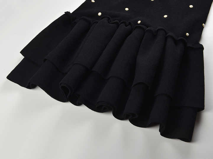 Freya Dress - Tailored Fit - Sleeveless With Pearl Embellishments - Flared Ruffle Hem - Chic and Playful Aesthetic