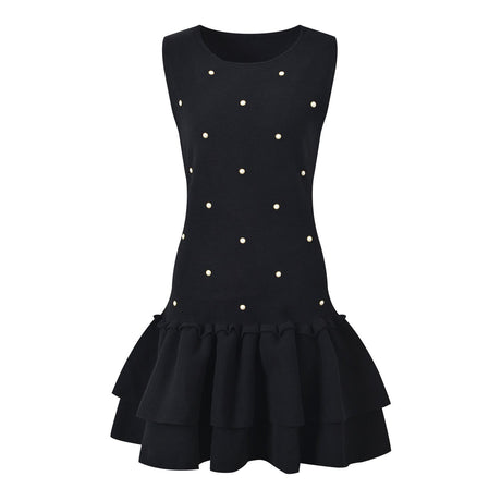 Freya Dress - Tailored Fit - Sleeveless With Pearl Embellishments - Flared Ruffle Hem - Chic and Playful Aesthetic