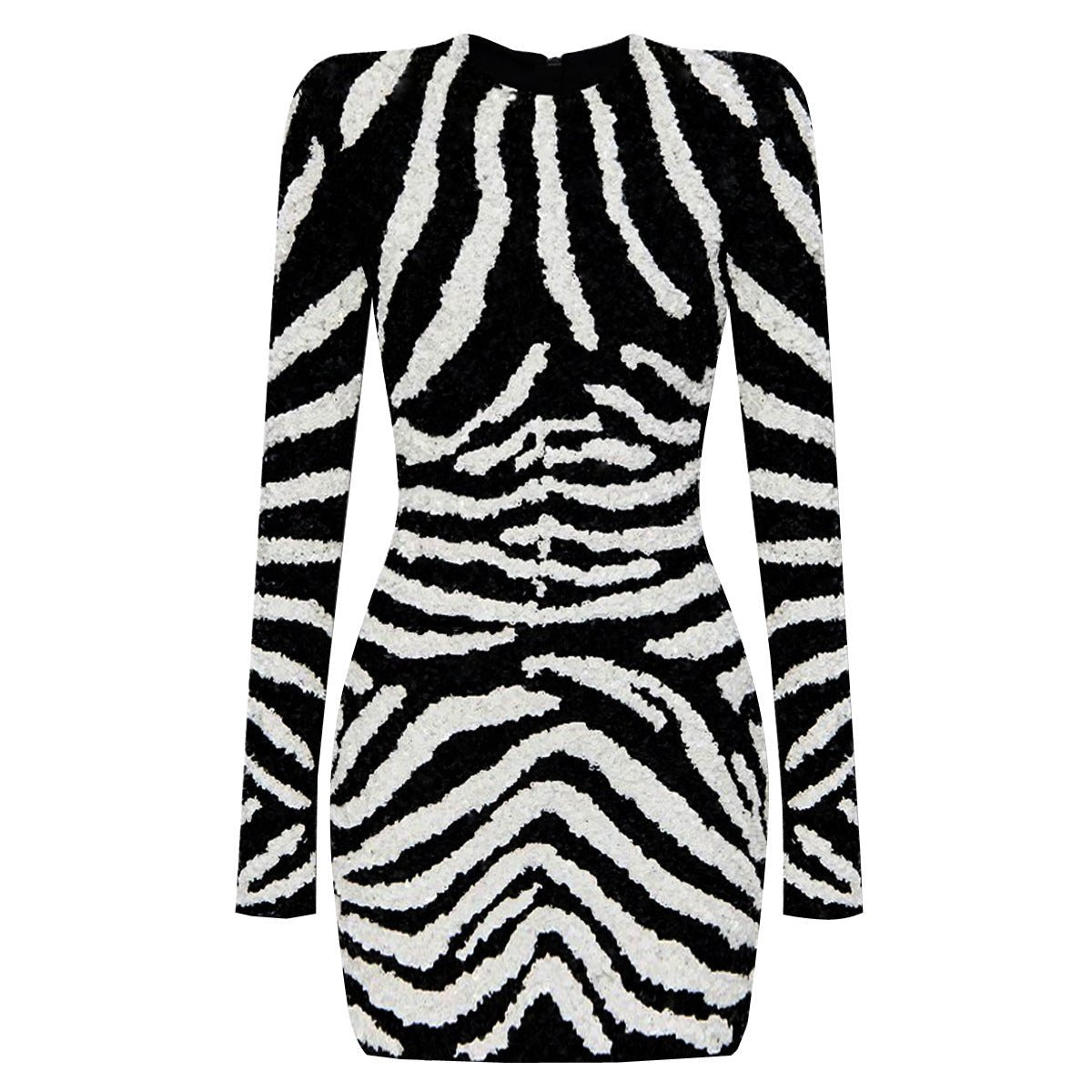 Freya Mini Dress - Bodycon Silhouette - Zebra Stripe Pattern - Long Sleeves - High Neckline - Bold Statement Piece