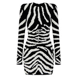 Freya Mini Dress - Bodycon Silhouette - Zebra Stripe Pattern - Long Sleeves - High Neckline - Bold Statement Piece