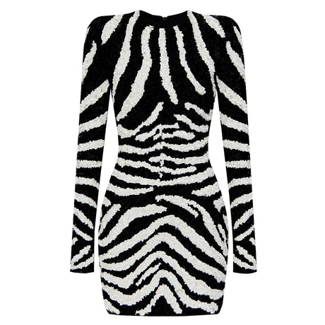 Freya Mini Dress - Bodycon Silhouette - Zebra Stripe Pattern - Long Sleeves - High Neckline - Bold Statement Piece