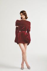 Freya Mini Dress - Four - Piece Suit Design - Strapless Style - Removable Faux - Fur Collar - Diamond Decoration