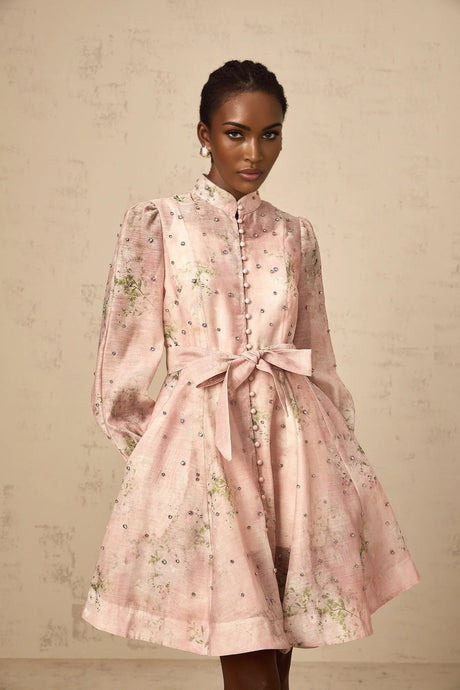Freya Mini Dress Pink Floral Crystal Embellished