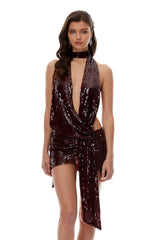 Frida Burgundy Deep VNeck Sequin Mini Dress