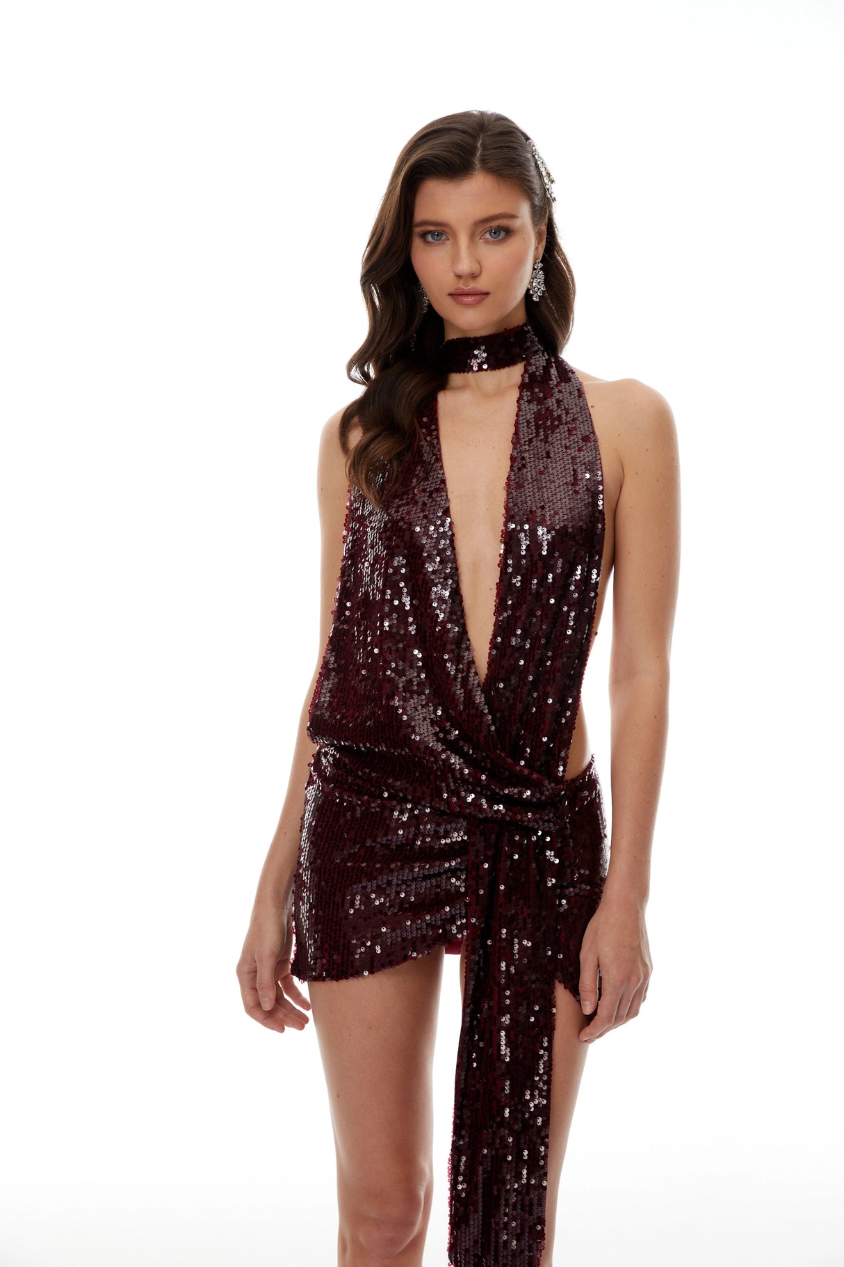 Frida Burgundy Deep VNeck Sequin Mini Dress