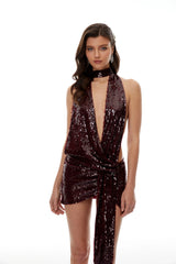 Frida Burgundy Deep VNeck Sequin Mini Dress