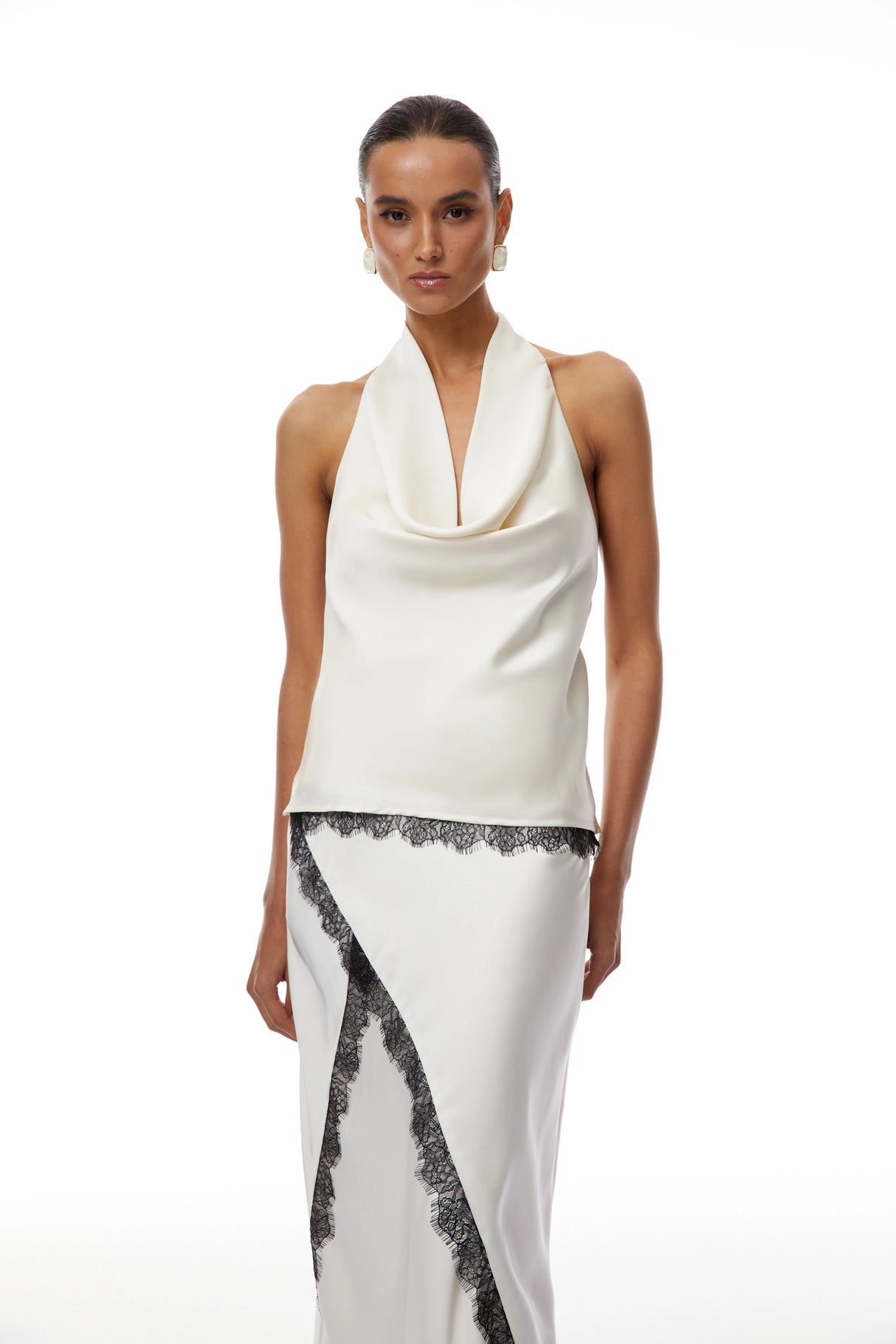 Frida White Satin Coord Set with Lace Trim
