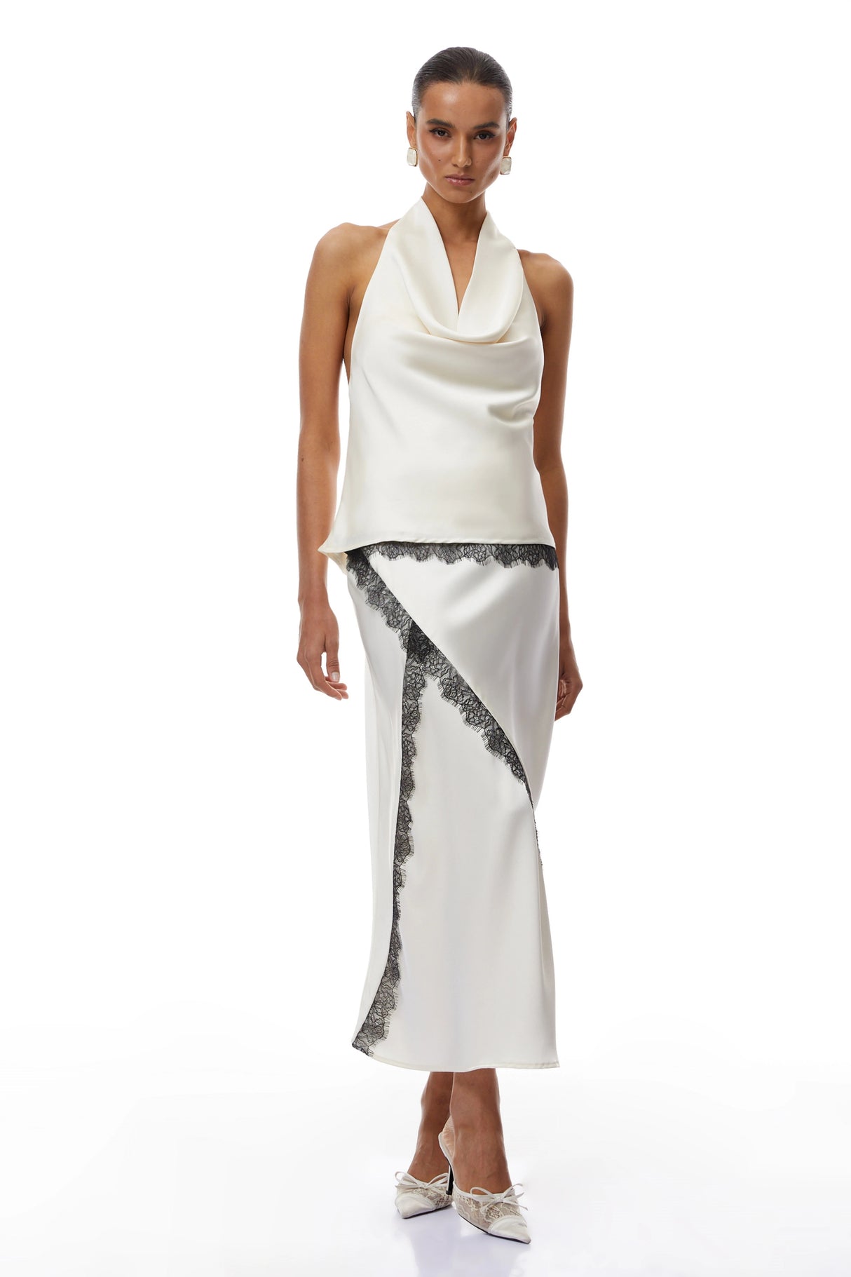 Frida White Satin Coord Set with Lace Trim