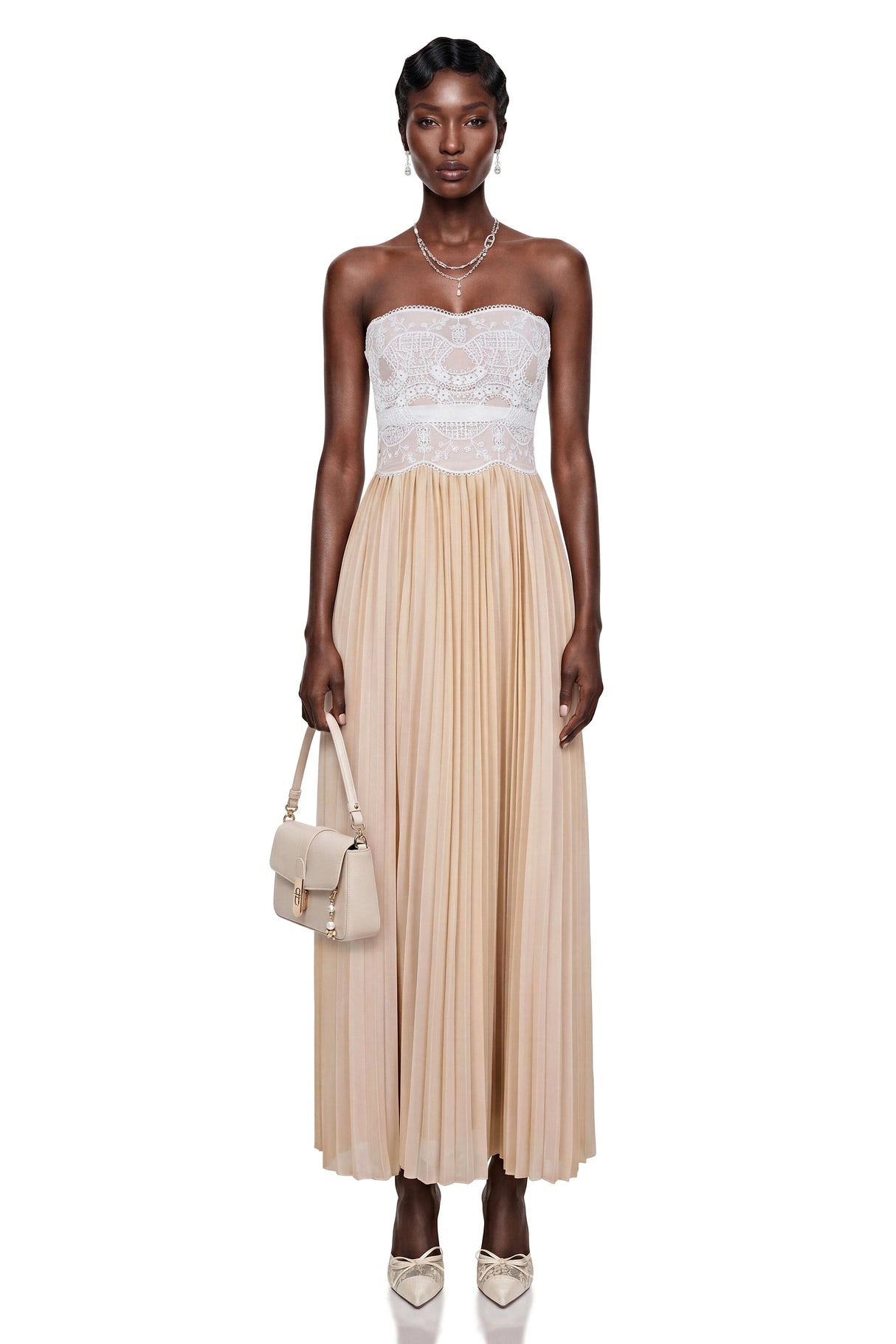 Frigg Champagne Floral Lace Pleated Maxi Dress