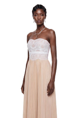Frigg Champagne Floral Lace Pleated Maxi Dress