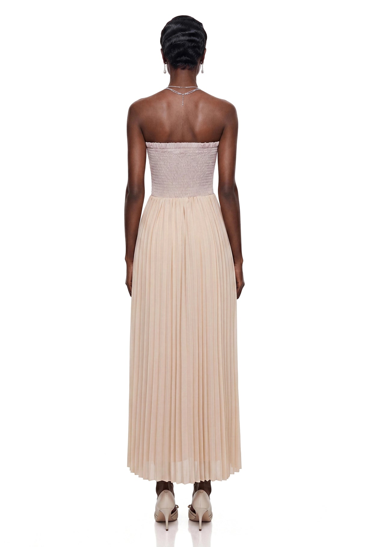 Frigg Champagne Floral Lace Pleated Maxi Dress