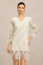 Gabriela Beige Lace V-Neck Elbow Sleeve Floral Dress