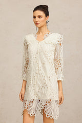 Gabriela Beige Lace V-Neck Elbow Sleeve Floral Dress