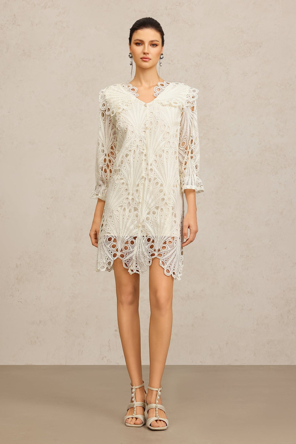 Gabriela Beige Lace V-Neck Elbow Sleeve Floral Dress