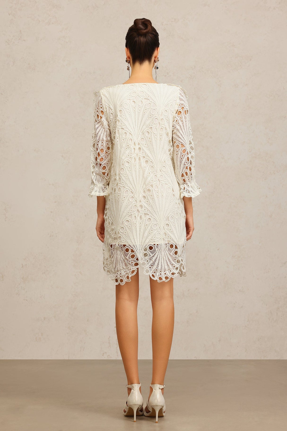 Gabriela Beige Lace V-Neck Elbow Sleeve Floral Dress