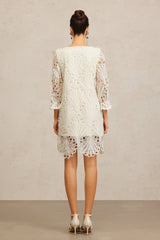 Gabriela Beige Lace V-Neck Elbow Sleeve Floral Dress