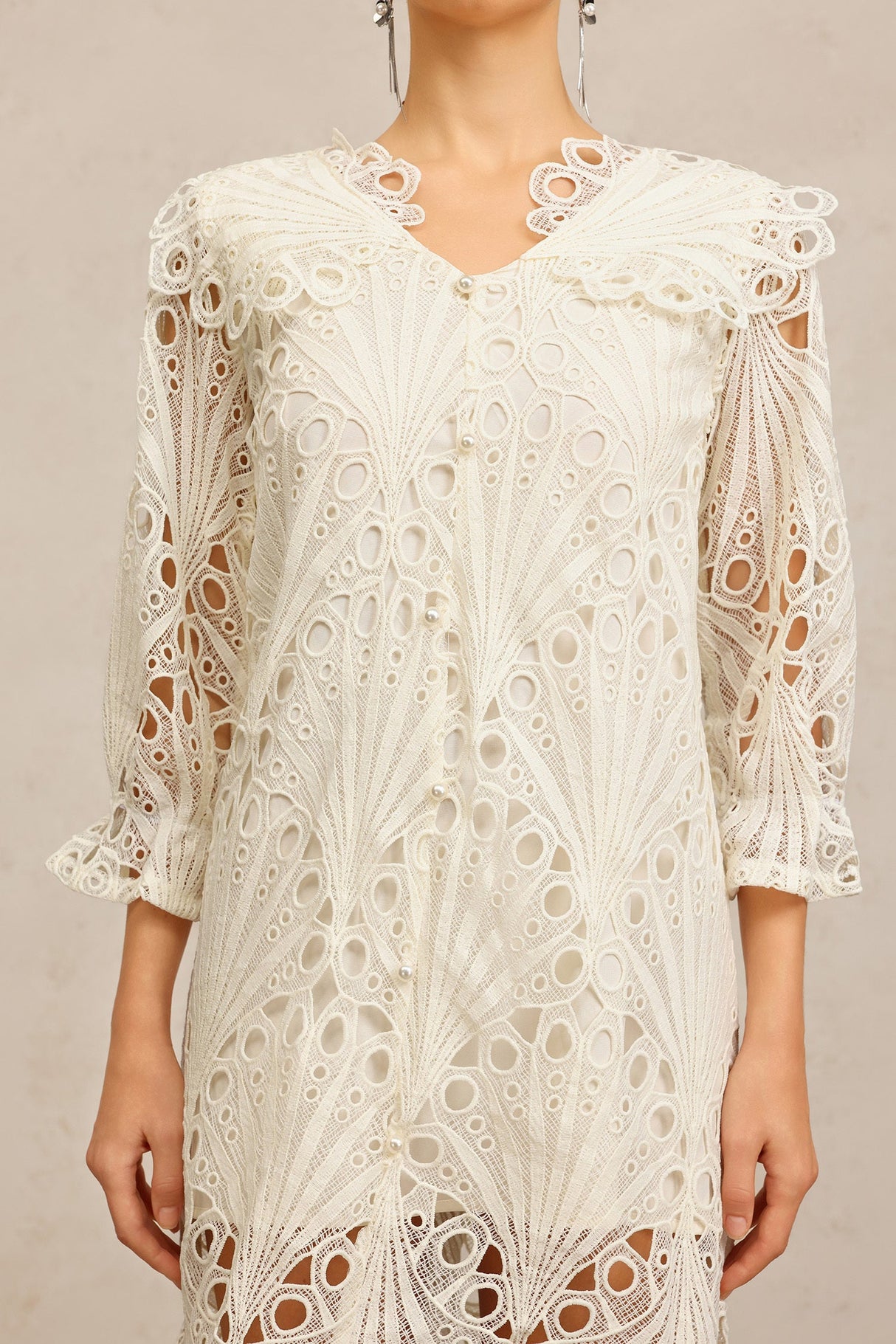 Gabriela Beige Lace V-Neck Elbow Sleeve Floral Dress