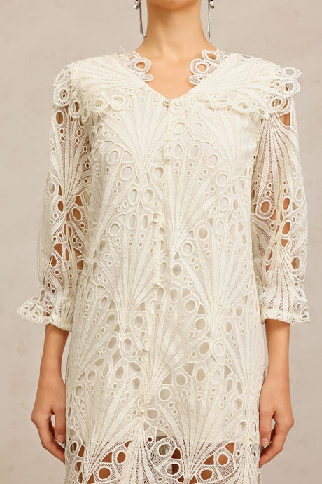 Gabriela Beige Lace V-Neck Elbow Sleeve Floral Dress