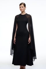 Gabriela Black Solid Color Maxi Dress with Cape