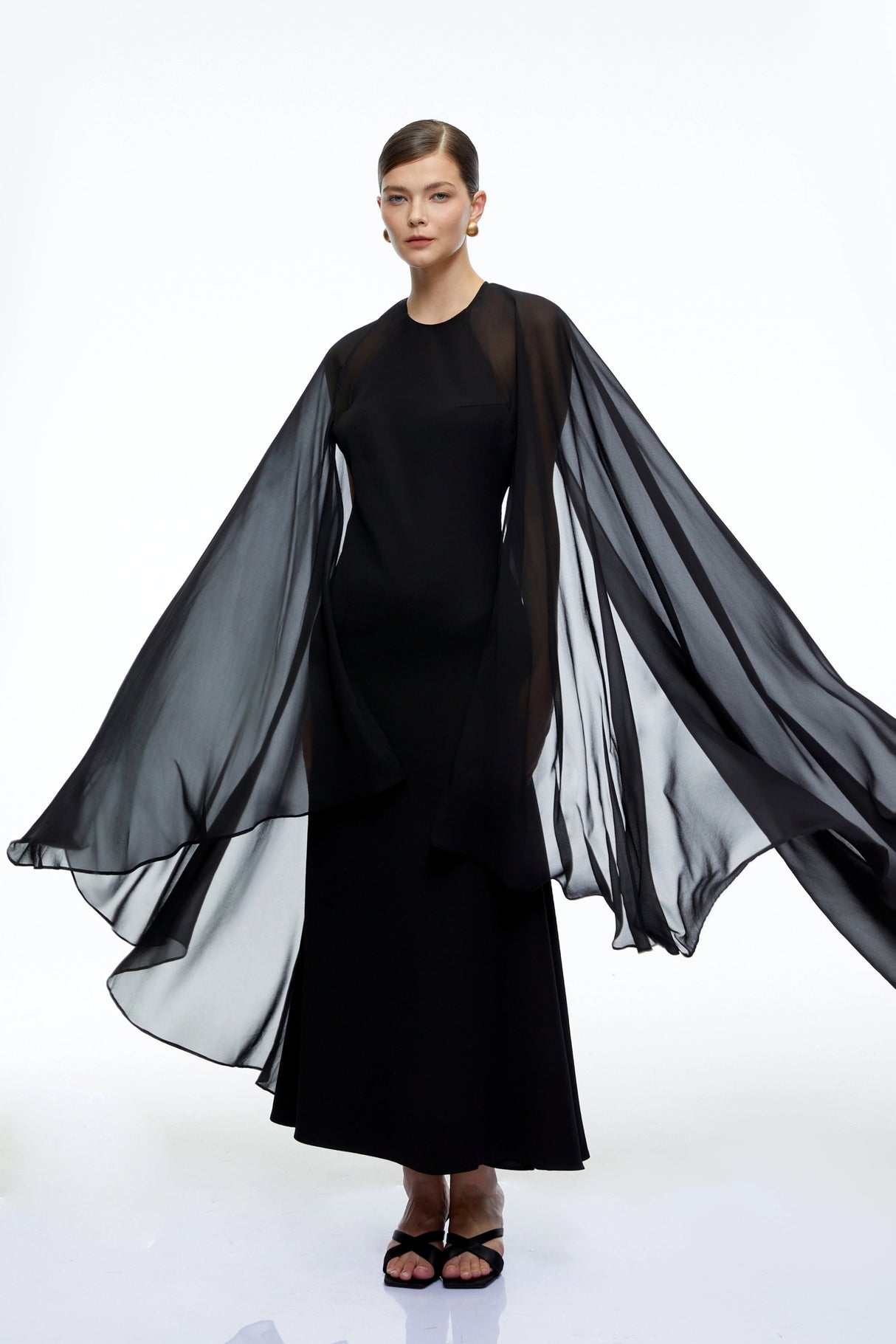 Gabriela Black Solid Color Maxi Dress with Cape