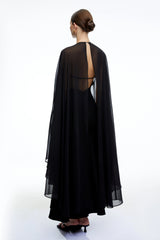 Gabriela Black Solid Color Maxi Dress with Cape