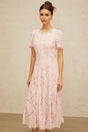 Gabriela Midi Dress Pink Crystal Floral Lace Frayed Calf Length
