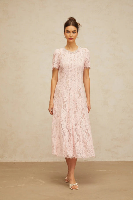 Gabriela Midi Dress Pink Crystal Floral Lace Frayed Calf Length
