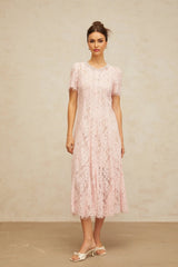 Gabriela Midi Dress Pink Crystal Floral Lace Frayed Calf Length