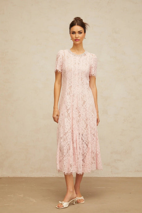 Gabriela Midi Dress Pink Crystal Floral Lace Frayed Calf Length