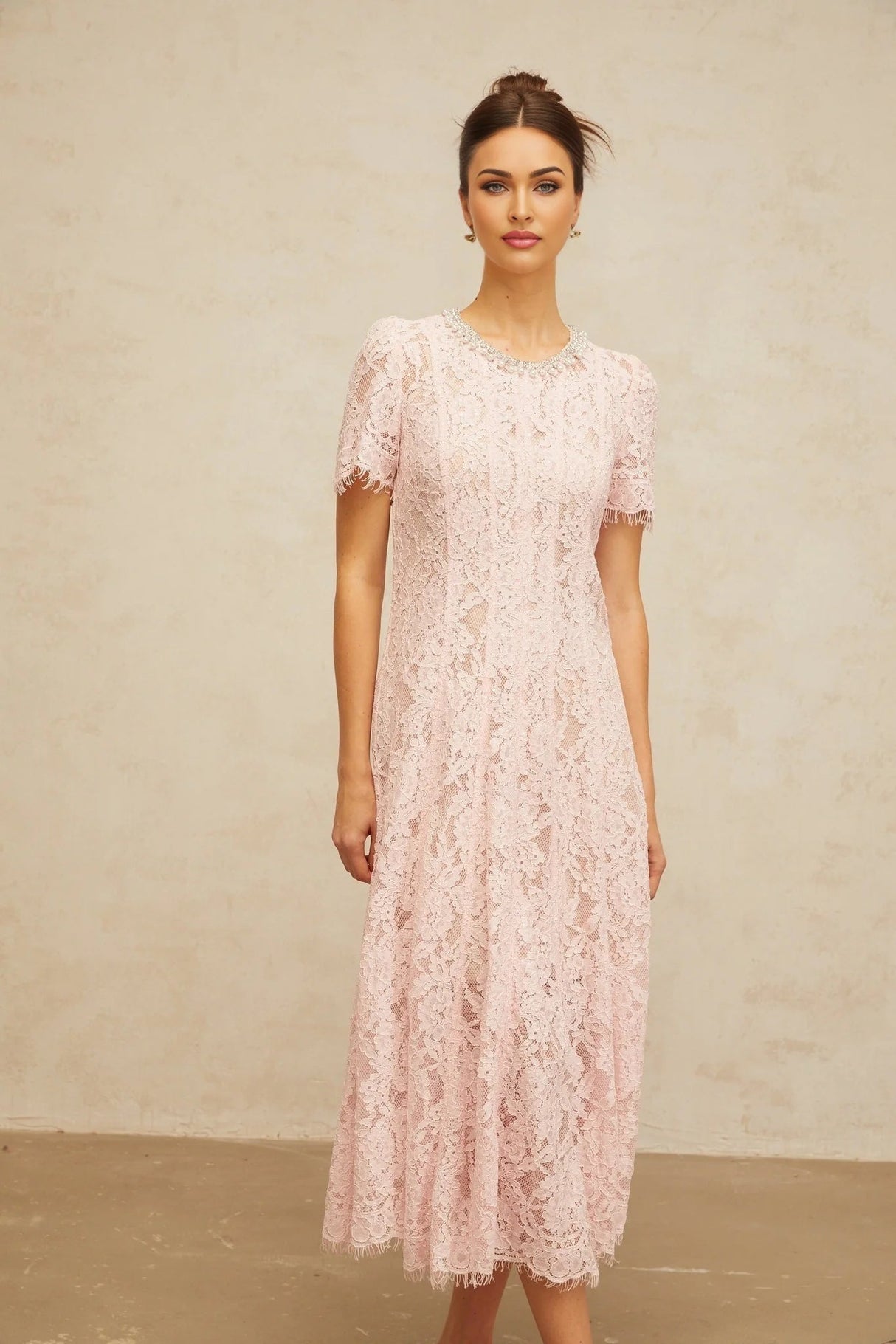 Gabriela Midi Dress Pink Crystal Floral Lace Frayed Calf Length