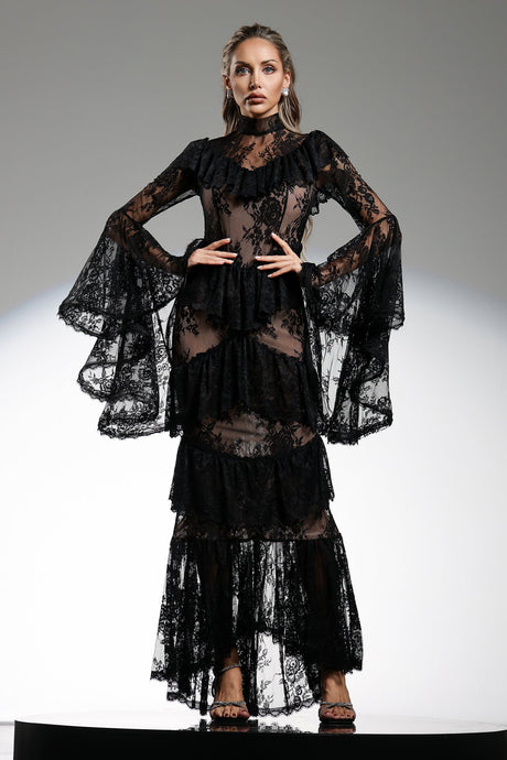 Gabriella Black Lace Flounce Sleeve Maxi Dress