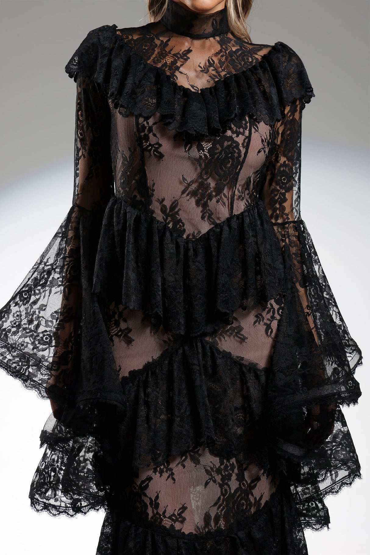 Gabriella Black Lace Flounce Sleeve Maxi Dress