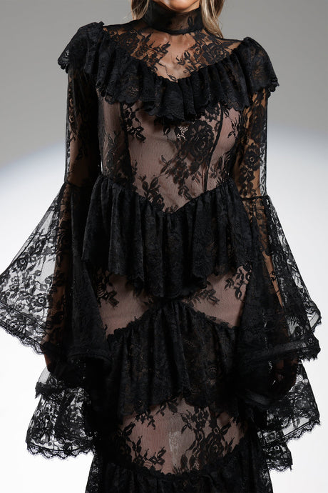 Gabriella Black Lace Flounce Sleeve Maxi Dress