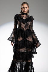 Gabriella Black Lace Flounce Sleeve Maxi Dress