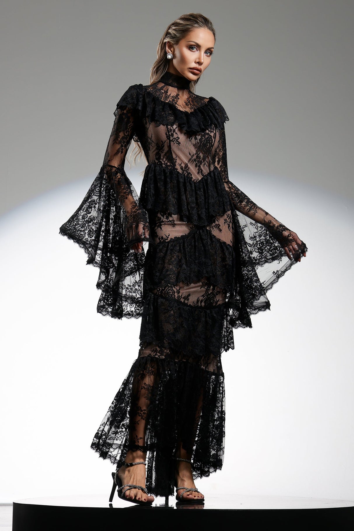 Gabriella Black Lace Flounce Sleeve Maxi Dress