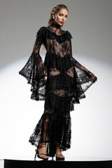 Gabriella Black Lace Flounce Sleeve Maxi Dress