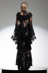 Gabriella Black Lace Flounce Sleeve Maxi Dress for Evening Gatherings and Formal Events