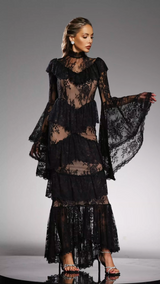 Gabriella Black Lace Maxi Dress with Flounce Sleeves and High Neckline for Evening Gatherings and Formal Events