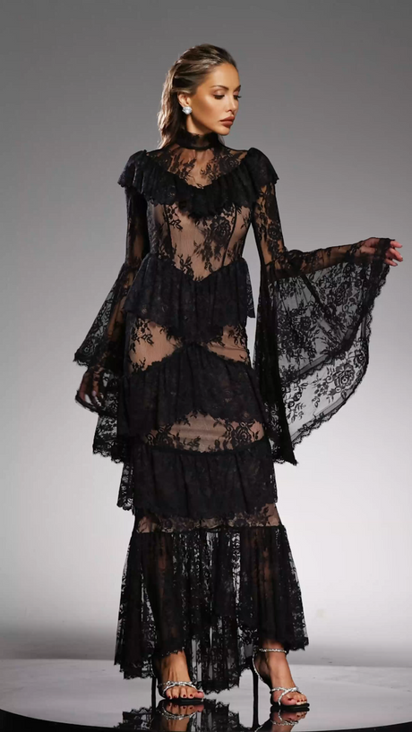 Gabriella Black Lace Maxi Dress with Flounce Sleeves and High Neckline for Evening Gatherings and Formal Events