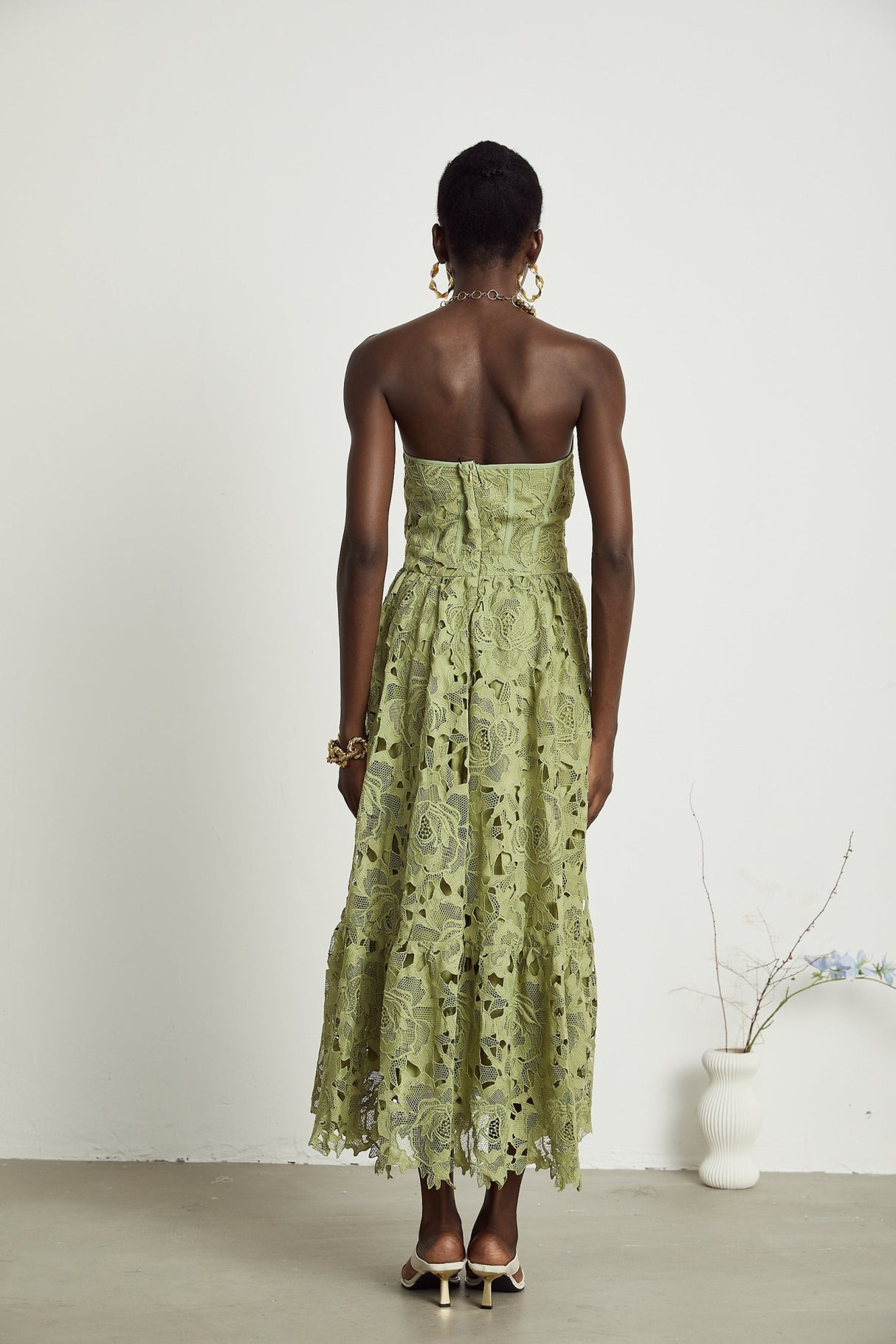 Gabriella Floral Midi Dress - Off Shoulder Bustier Style - Lace Trim Detail - Cut Out Designs - Flounce Hem
