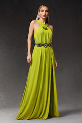 Gabriella Green Halterneck Slit Dress with Flower Detailing
