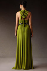 Gabriella Green Halterneck Dress with Slit and Flower Detailing