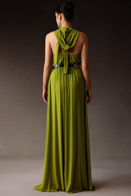 Gabriella Green Halterneck Dress with Slit and Flower Detailing