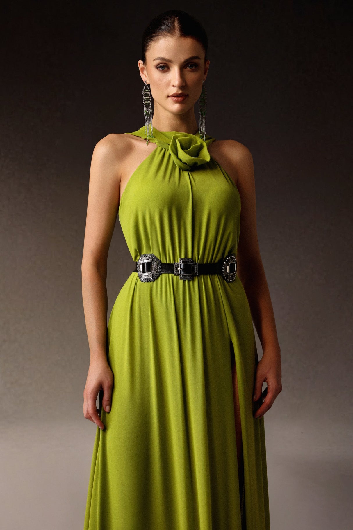Gabriella Green Halterneck Dress with Slit and Flower Detailing for Special Occasions