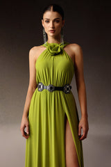 Gabriella Green Halterneck Dress with Slit and Flower Detailing for Special Occasions