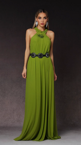 Gabriella Green Halterneck Dress with Slit and Flower Detailing for Evening Events or Summer Gatherings