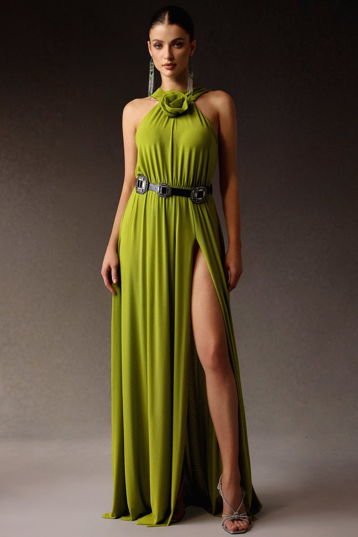 Gabriella Green Halterneck Dress with Slit and Flower Detailing for Special Occasions