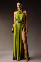 Gabriella Green Halterneck Dress with Slit and Flower Detailing for Special Occasions
