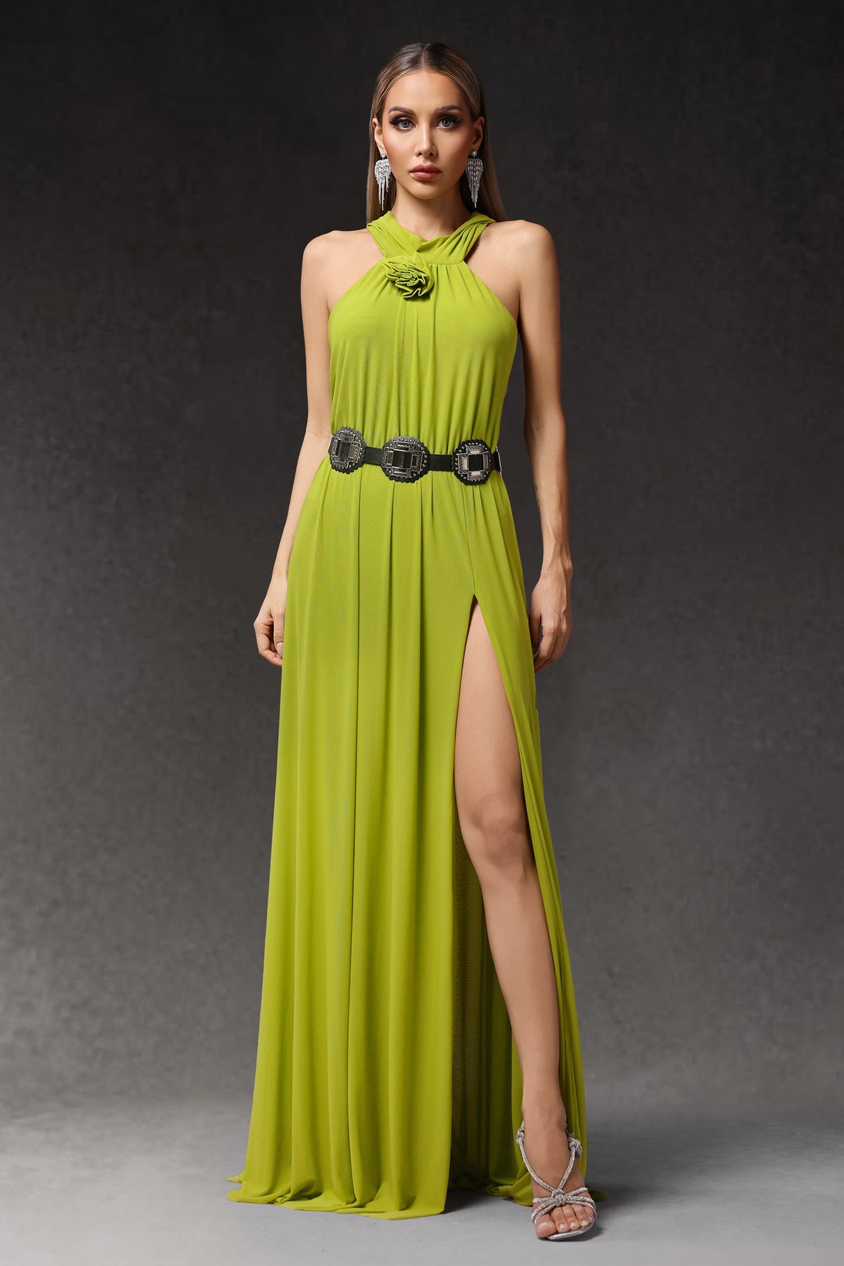 Gabriella Green Halterneck Dress with Slit and Flower Detailing
